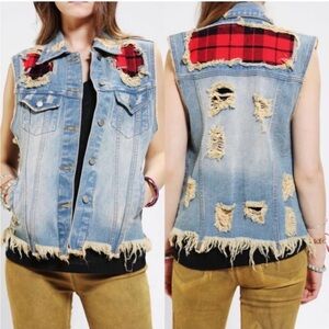 UNIF Distressed Denim Vest Small Red Plaid Lined Grunge Punk Festival